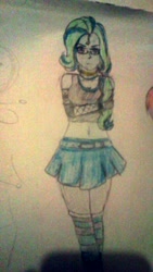Size: 480x854 | Tagged: safe, artist:jessydraws, imported from derpibooru, oc, oc only, oc:blue star, equestria girls, annoyed, clothes, crossed arms, denim skirt, equestria girls-ified, glasses, midriff, pleated skirt, ponytail, side ponytail, skirt, socks, solo, stockings, striped socks, tanktop, thigh highs, traditional art, zettai ryouiki