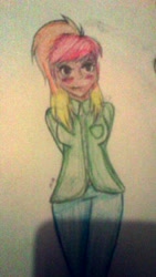 Size: 480x854 | Tagged: safe, artist:jessydraws, imported from derpibooru, oc, oc only, oc:embah smokes, equestria girls, blushing, equestria girls-ified, female, hands behind back, magical lesbian spawn, offspring, parent:oc:charred smoke, parent:oc:golden rose (ice1517), parents:oc x oc, solo, traditional art
