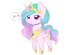 Size: 1280x947 | Tagged: safe, artist:magnaluna, imported from derpibooru, princess celestia, chibi, crown, female, heart, hi, horseshoes, jewelry, monologue, peytral, pinklestia, regalia, solo, speech bubble