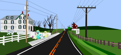 Size: 7456x3405 | Tagged: safe, artist:oceanrailroader, imported from derpibooru, crystal pony, pony, car, female, foal, house, male, mare, modernized, power line, road, stallion, telephone pole