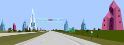 Size: 6906x2533 | Tagged: safe, artist:oceanrailroader, imported from derpibooru, background, building, crystal castle, crystal empire, highway, modernized, road, road sign, sign