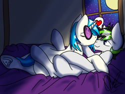 Size: 1024x768 | Tagged: safe, artist:dr-whiskey, imported from derpibooru, dj pon-3, vinyl scratch, oc, pony, bed, canon x oc, duo, heart, kissing, moon, on bed, shipping, stars, sunglasses, window