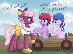 Size: 1024x768 | Tagged: safe, artist:novaintellus, imported from derpibooru, cheerilee, starlight glimmer, twilight sparkle, alicorn, earth pony, pony, unicorn, the cart before the ponies, cheerileeder, cheerleader, dialogue, featured image, female, helmet, kart, mare, nerd pony, open mouth, physics, raised hoof, twilight sparkle (alicorn), watch