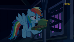 Size: 2208x1242 | Tagged: safe, imported from derpibooru, screencap, rainbow dash, pegasus, pony, zombie, 28 pranks later, barn, cookie, cute, dark, dashabetes, discovery family logo, female, food, grin, mare, smiling, squee