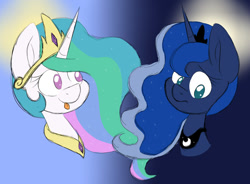 Size: 599x442 | Tagged: safe, artist:hellishprogrammer, artist:maximkoshe4ka, imported from derpibooru, princess celestia, princess luna, alicorn, pony, :p, crown, cute, duo, duo female, female, gradient background, jewelry, moon, regalia, royal sisters, siblings, sillestia, silly, sisters, sun, tongue out