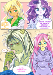 Size: 2480x3508 | Tagged: safe, artist:kyotoxart, imported from derpibooru, applejack, discord, fluttershy, rarity, anthro, three's a crowd, clothes, comic, discoshy, female, male, shipping, sick, spanish, straight, sweater, sweatershy, tissue, translated in the comments