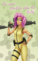 Size: 1050x1680 | Tagged: safe, artist:keepare, imported from derpibooru, fluttershy, human, badass, belt, clothes, female, flutterbadass, gun, hand on hip, humanized, looking at you, rifle, solo, trigger discipline, weapon