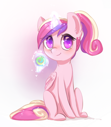 Size: 600x687 | Tagged: safe, artist:littlemoshi, imported from derpibooru, princess cadance, pony, blushing, candy, cute, cutedance, ear fluff, female, food, lollipop, magic, sitting, solo, teen princess cadance, telekinesis