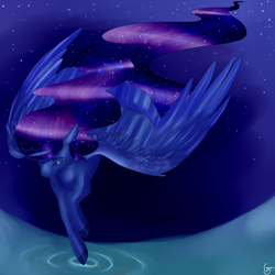 Size: 2000x2000 | Tagged: safe, artist:procrastinationdoods, imported from derpibooru, princess luna, eyes closed, female, flying, ripple, solo, stars, water