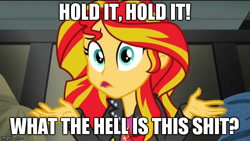 Size: 620x349 | Tagged: safe, imported from derpibooru, sunset shimmer, equestria girls, blazing saddles, female, image macro, meme, solo, text, vulgar