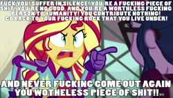 Size: 1280x727 | Tagged: safe, edit, edited screencap, imported from derpibooru, screencap, sci-twi, sunset shimmer, twilight sparkle, equestria girls, friendship games, caption, image macro, meme, michael jones, sunset yells at twilight, vulgar