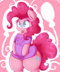 Size: 2033x2428 | Tagged: safe, artist:graphene, imported from derpibooru, pinkie pie, semi-anthro, bipedal, chubby, clothes, cute, diapinkes, female, mare, no pupils, shirt, solo, thighs, thunder thighs, tongue out