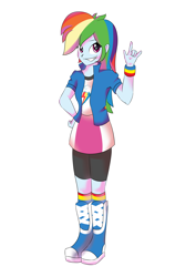 Size: 2480x3496 | Tagged: safe, artist:akumashiroii, imported from derpibooru, rainbow dash, equestria girls, boots, clothes, compression shorts, devil horn (gesture), female, happy, no more ponies at source, rock on, shorts, skirt, socks, solo, wristband