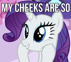 Size: 581x508 | Tagged: safe, edit, edited screencap, imported from derpibooru, screencap, rarity, pony, unicorn, the cart before the ponies, animated, caption, cheek squish, cute, female, food, gif, gif with captions, happy, image macro, mare, marshmallow, meme, open mouth, rarara, raribetes, rarity is a marshmallow, smiling, solo, squishy cheeks, wide eyes