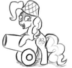 Size: 1546x1453 | Tagged: safe, artist:itsthinking, imported from derpibooru, pinkie pie, digital, female, guardians of harmony, monochrome, party cannon, sketch, smiling, solo