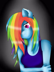 Size: 3000x4000 | Tagged: safe, artist:rainbowsmile6, imported from derpibooru, rainbow dash, anthro, pegasus, clothes, crying, female, hair over one eye, mare, sad, solo, tanktop, teary eyes