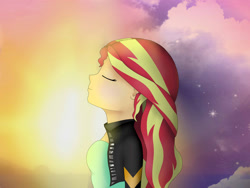 Size: 1024x768 | Tagged: safe, artist:rainbowsmile6, imported from derpibooru, sunset shimmer, equestria girls, clothes, eyes closed, female, jacket, leather jacket, solo, twilight (astronomy)