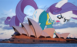 Size: 1024x628 | Tagged: safe, imported from derpibooru, rarity, pony, unicorn, australia, female, giant pony, giantess, highrise ponies, irl, macro, mare, photo, ponies in real life, ponytones, ponytones outfit, solo, sydney, sydney opera house, vector