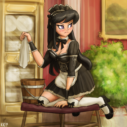 Size: 1280x1280 | Tagged: safe, artist:king-kakapo, imported from derpibooru, octavia melody, human, angry, blushing, breasts, bucket, busty octavia, busty octavia melody, cleaning, cleavage, clothes, cuffs (clothes), dress, embarrassed, female, french maid, frown, glare, high heels, humanized, kneeling, looking back, maid, octamaid, socks, solo, sweatdrop, thigh highs, towel