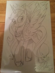 Size: 3264x2448 | Tagged: safe, artist:andypriceart, imported from derpibooru, applejack, alicorn, pony, applecorn, cowboy hat, crown, element of honesty, female, hat, horseshoes, jewelry, monochrome, pencil drawing, peytral, race swap, regalia, solo, stetson, traditional art