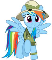 Size: 2600x3000 | Tagged: safe, artist:cheezedoodle96, imported from derpibooru, rainbow dash, pony, stranger than fan fiction, .svg available, clothes, cosplay, costume, cute, daring do costume, dashabetes, female, happy, hat, mare, pith helmet, raised hoof, shirt, simple background, smiling, solo, spread wings, svg, transparent background, vector