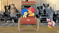 Size: 1916x1080 | Tagged: safe, edit, imported from derpibooru, apple bloom, applejack, cheerilee, the cart before the ponies, mad max, mad max fury road