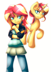 Size: 1024x1448 | Tagged: safe, artist:ikuvaito, imported from derpibooru, sunset shimmer, pony, unicorn, equestria girls, clothes, female, human ponidox, jacket, leather jacket, pants, simple background, smiling, solo