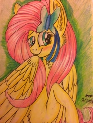 Size: 3264x2448 | Tagged: safe, artist:snowfoxythefox, derpibooru exclusive, imported from derpibooru, fluttershy, butterfly, accessories, accessory, blushing, chest fluff, colored, colored pencil drawing, colored sketch, cute, female, hiding behind mane, pencil, pencil drawing, shyabetes, simple background, solo, traditional art