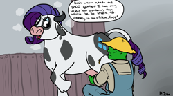 Size: 5400x3000 | Tagged: safe, artist:pony quarantine, imported from derpibooru, rarity, oc, oc:anon, cow, 4chan, colored, disapproval, drawthread, duo, faggot, flirting, funny, hat, hurricane of puns, milking, overalls, pun, raricow, silly, species swap, straw hat, udder, vulgar