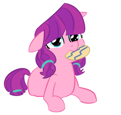 Size: 1122x1065 | Tagged: safe, artist:tanmansmantan, imported from derpibooru, lily longsocks, earth pony, pony, adorasocks, cookie, cute, floppy ears, food, lilydorable, mouth hold, simple background, solo, white background