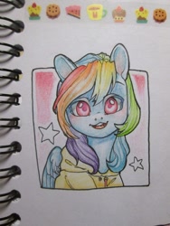 Size: 810x1080 | Tagged: safe, artist:aphphphphp, imported from derpibooru, rainbow dash, alternate hairstyle, clothes, female, hoodie, solo, traditional art