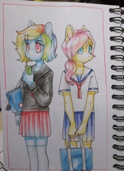 Size: 788x1080 | Tagged: safe, artist:aphphphphp, imported from derpibooru, fluttershy, rainbow dash, anthro, clothes, juice, juice box, school uniform, traditional art