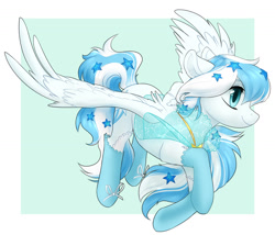 Size: 1280x1095 | Tagged: safe, artist:aphphphphp, imported from derpibooru, oc, oc only, oc:starline, pegasus, pony, abstract background, clothes, ear fluff, female, flying, frilly socks, mare, profile, see-through, smiling, socks, solo, spread wings, wings