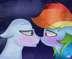 Size: 1024x832 | Tagged: dead source, safe, artist:northlights8, imported from derpibooru, rainbow dash, soarin', pony, blushing, female, male, shipping, soarindash, straight