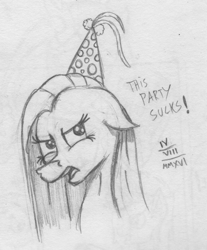 Size: 921x1111 | Tagged: safe, artist:mane-shaker, imported from derpibooru, pinkie pie, female, hat, monochrome, party hat, pinkamena diane pie, solo, traditional art