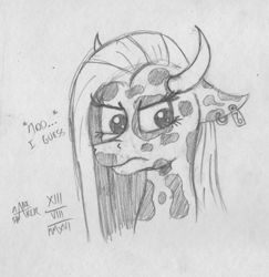 Size: 1144x1175 | Tagged: safe, artist:mane-shaker, imported from derpibooru, pinkie pie, cow, cowified, female, horns, monochrome, pincow pie, pinkamena diane pie, solo, species swap, traditional art