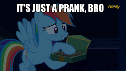 Size: 1334x750 | Tagged: safe, edit, edited screencap, imported from derpibooru, screencap, rainbow dash, pegasus, pony, 28 pranks later, season 6, awkward smile, caption, cookie, cute, dashabetes, discovery family logo, female, flying, food, grin, image macro, it's just a prank bro, mare, meme, nervous, smiling, solo, spread wings, wide eyes, wings