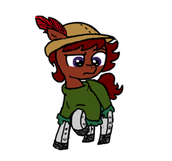 Size: 640x600 | Tagged: safe, artist:ficficponyfic, color edit, edit, imported from derpibooru, oc, oc only, oc:ruby rouge, earth pony, pony, colt quest, child, clothes, color, colored, concerned, dress, feather, female, filly, foal, frown, hat, leggings, simple background, solo, tomboy, white background