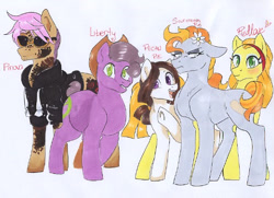 Size: 541x392 | Tagged: safe, artist:frozensoulpony, imported from derpibooru, oc, oc only, oc:justice apple, oc:pecan pie, oc:pinova apple, oc:redlove, oc:sourcream pie, next generation, offspring, parent:apple florette, parent:braeburn, parent:caramel, parent:limestone pie, parent:marble pie, parent:trouble shoes, parent:troubleshoes clyde