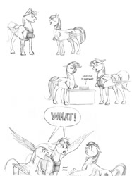 Size: 1100x1473 | Tagged: safe, artist:baron engel, imported from derpibooru, blossomforth, rainbow dash, oc, oc:sky brush, canon x oc, comic, goggles, monochrome, paperwork, pencil drawing, shipping, traditional art