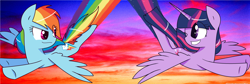 Size: 4680x1568 | Tagged: safe, artist:nederside, imported from derpibooru, rainbow dash, twilight sparkle, alicorn, pony, flying, twilight sparkle (alicorn)