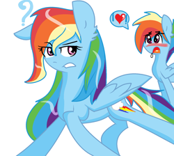 Size: 1568x1408 | Tagged: safe, artist:nederside, imported from derpibooru, rainbow dash, blushing, dashblitz, drool, female, male, question mark, rainbow blitz, rule 63, self ponidox, selfcest, shipping, straight