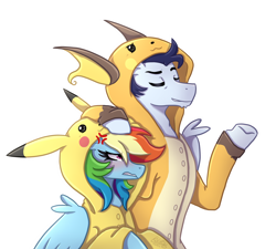 Size: 2000x1800 | Tagged: safe, artist:kikirdcz, imported from derpibooru, rainbow dash, soarin', pikachu, pony, raichu, 30 day otp challenge, clothes, costume, cross-popping veins, eyes closed, female, kigurumi, male, pokémon, raised hoof, shipping, simple background, soarindash, straight, transparent background