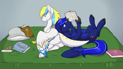 Size: 3256x1833 | Tagged: safe, artist:heartscharm, imported from derpibooru, oc, oc only, oc:cirrus sky, oc:neutrino burst, hippogriff, bed, book, cute, reading, relaxing, studying