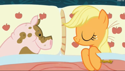 Size: 2495x1423 | Tagged: safe, imported from derpibooru, screencap, applejack, pig, pony, 28 pranks later, season 6, discovery family logo, eyes closed