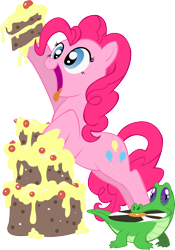 Size: 2788x3974 | Tagged: safe, artist:james-li, imported from derpibooru, gummy, pinkie pie, pony, cake, duo, food