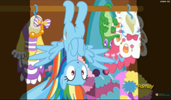 Size: 2447x1431 | Tagged: safe, imported from derpibooru, screencap, gummy, rainbow dash, 28 pranks later, season 6, behaving like a bat, clothes, discovery family logo, dress, gala dress, upside down