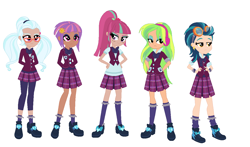 Size: 1180x692 | Tagged: safe, artist:nexuspiexiii, imported from derpibooru, indigo zap, lemon zest, sour sweet, sugarcoat, sunny flare, equestria girls, clothes, crystal prep academy uniform, crystal prep shadowbolts, goggles, headphones, holly, humanized, school uniform, shadow five, simple background, white background