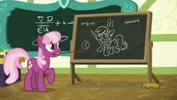 Size: 1366x768 | Tagged: safe, imported from derpibooru, screencap, cheerilee, pony, 28 pranks later, chalkboard, mouth hold, pointer, prank, smell