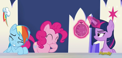 Size: 790x375 | Tagged: safe, imported from derpibooru, screencap, pinkie pie, rainbow dash, twilight sparkle, alicorn, pony, 28 pranks later, discovery family logo, fart joke, female, laughing, twilight sparkle (alicorn), whoopee cushion, whoopie cushion